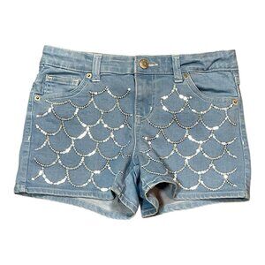 Cat & Jack Girls Denim Jean Shorts Size L 10/12 Mermaid Sequin Embellishment